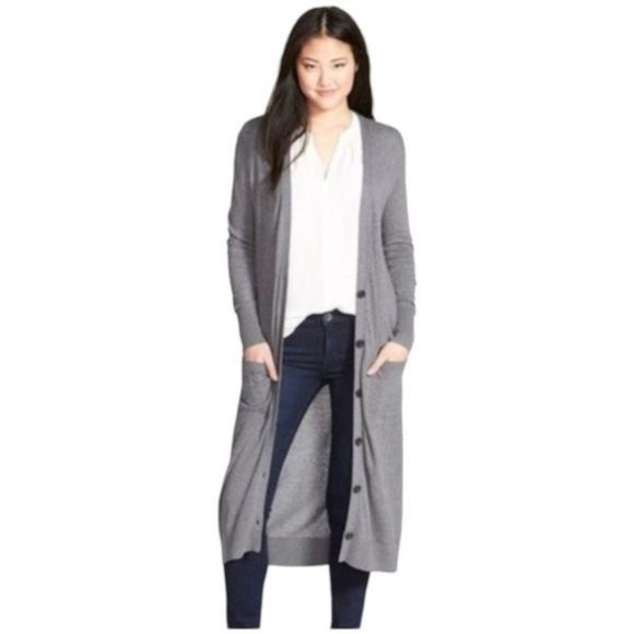 Halogen Sweaters - Halogen Extra Long Gray Duster Button Down Cardigan Womens Medium Coastal Granny